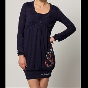 Desigual Navy Blue Long Sleeve Embellished Tunic Dress